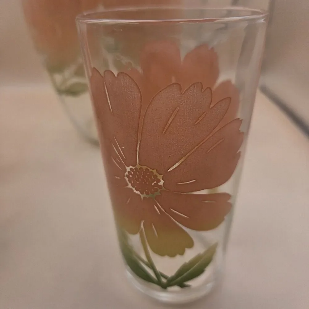 Clear Glass 1 Qt Pitcher & 3 Tumblers 4pc Set Orange Green Floral MCM Decor